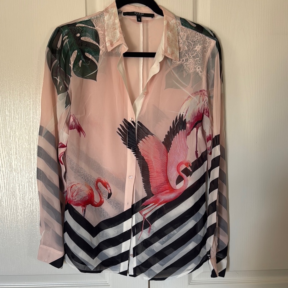 Tropical Flamingo Print Button Down Shirt